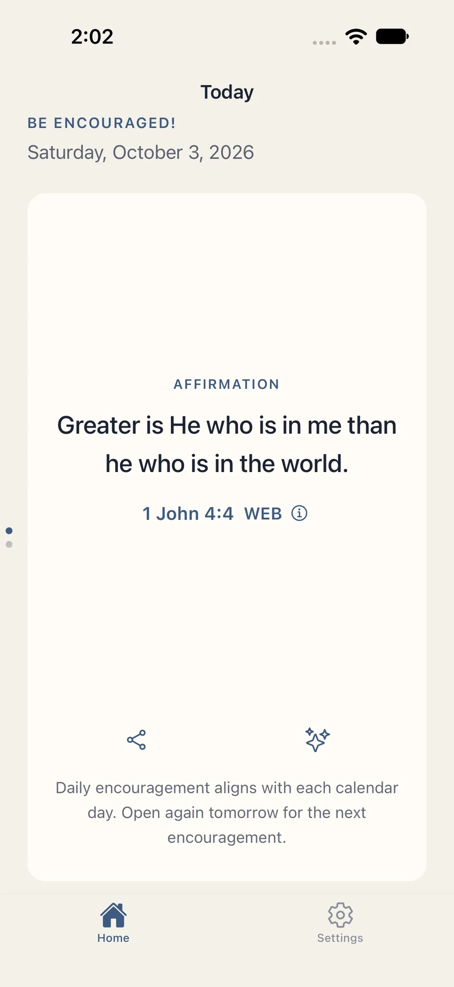 Be Encouraged Today screen with a daily Scripture-centered encouragement.